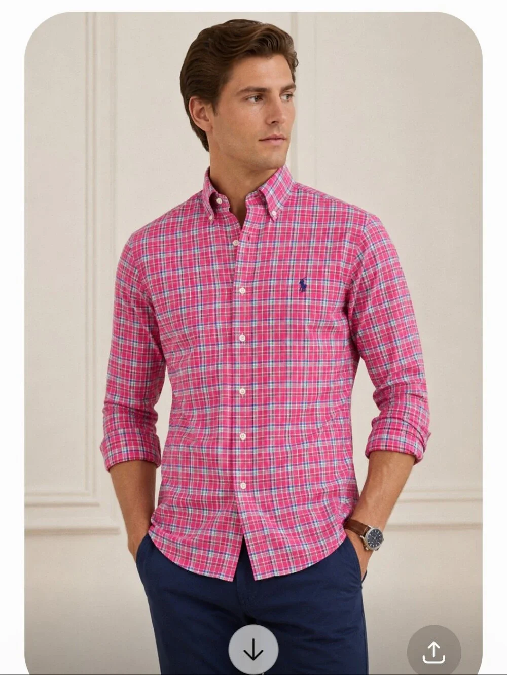 MENS POLO RALPH LAUREN PINK MULTI CHECKED L, cotton Long Sleeve